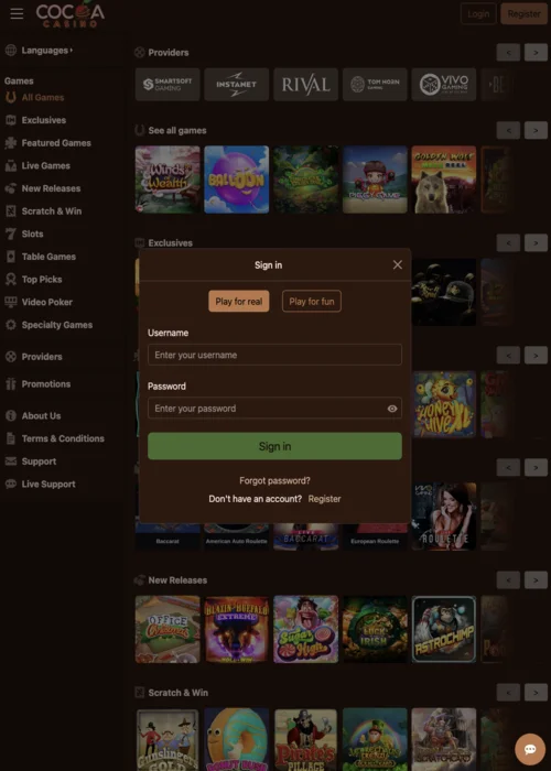 Login-Prozess Cocoa Casino
