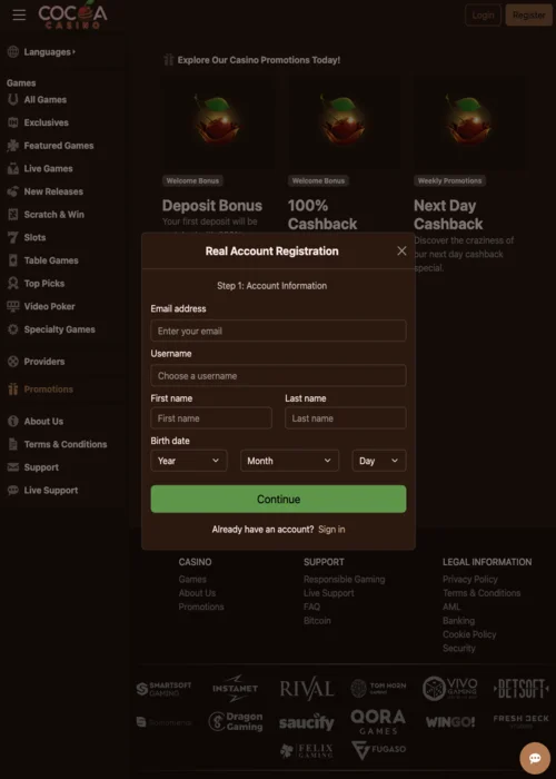 Registrierungsprozess Cocoa Casino